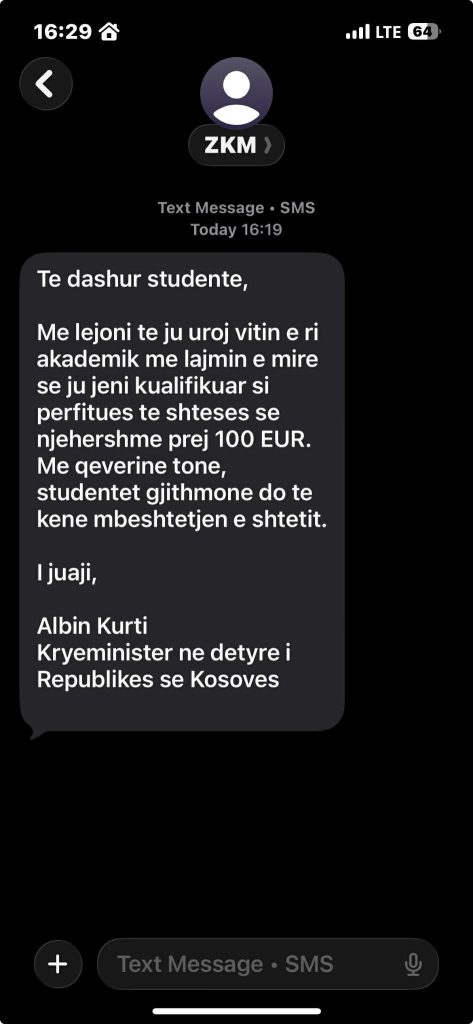 Çitaku publikon një sms me të cilin Kurti iu drejtohet studentëve për 100 eurot  Mashtrim  abuzim  papërgjegjësi